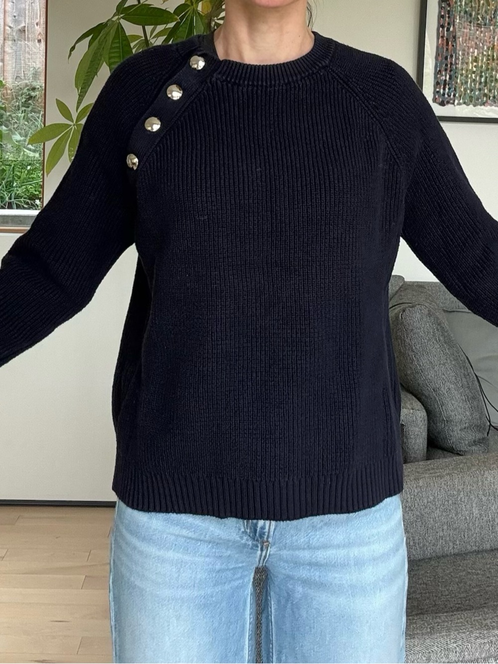 Sezane Navy Crewneck Sweater with Shoulder Buttons. S